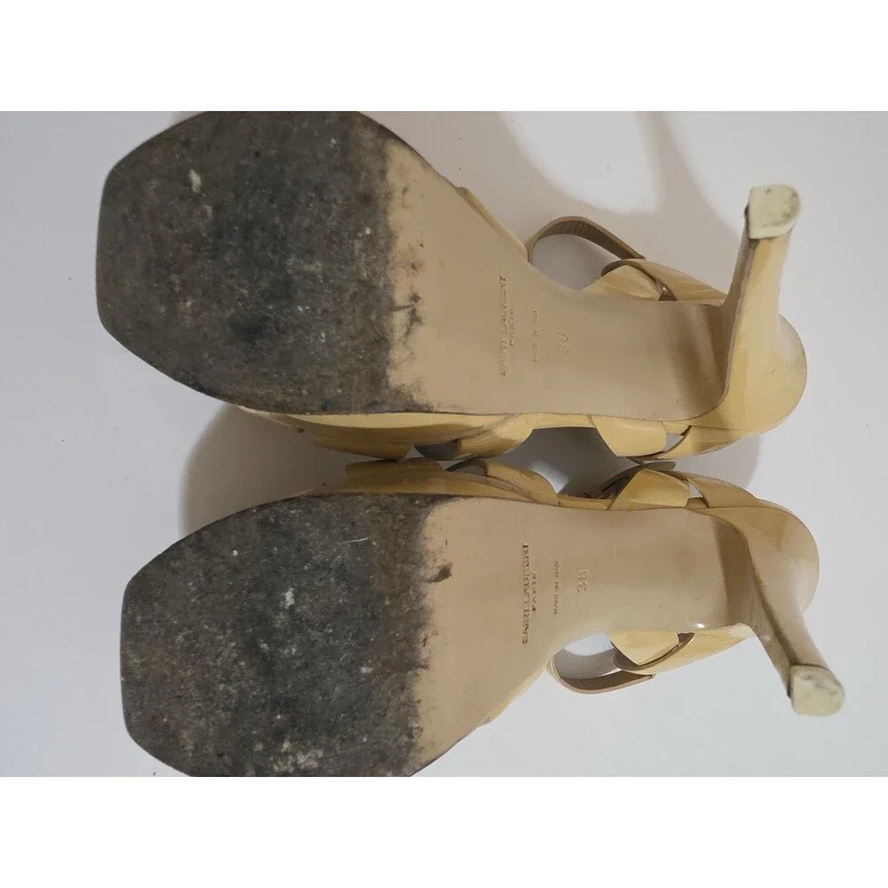 Saint Laurent YSL Tribute Platform Sandals – Nude Patent Leather – Size 37